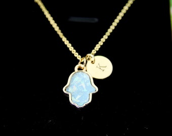 Best Christmas Gift Gold Hamsa Charm Necklace, Palm Charm, Hamsa Charm, Hamsa Imitation Opal Charm Necklace, Fatima Hand Charm, N313