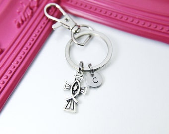 Silver Cross Charm Keychain, Cross Charms, Jesus Christian Fish Ichthus Charm, Personalized  Customized Monogram, N2590