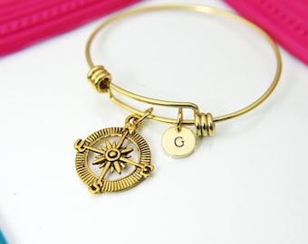 Best Christmas Gift, Gold Compass Charm Bracelet, Personalized Jewelry, N1123E