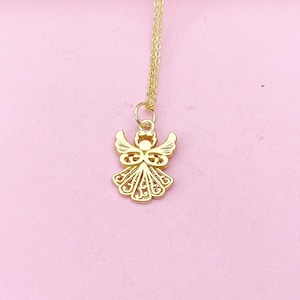 May include: A gold chain necklace with a delicate angel pendant. The angel is made of filigree metal and has a detailed design.