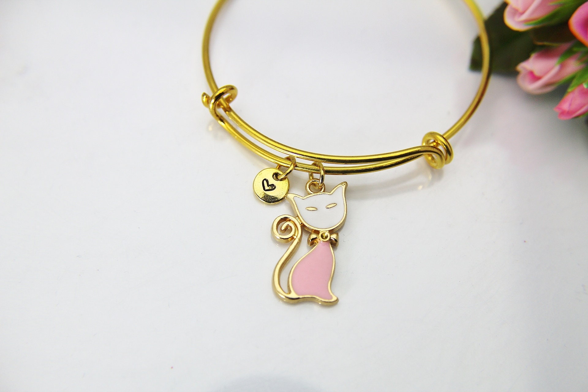 Cat Bracelet Gold Cat Charm Bangle Cat Charm Animal Charm Etsy