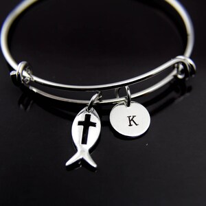 Jesus Fish Cross Charm Bangle Jesus Fish Cross Charm Bracelet Jesus Fish Cross Charm Jesus Fish Cross Jewelry Personalized Initial Bracelet image 2