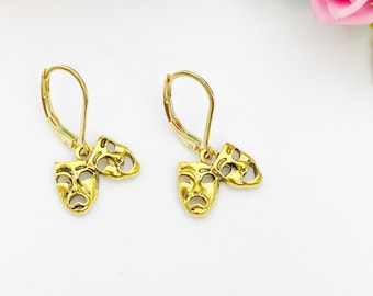 May include: Gold-toned earrings with a pair of theater masks, one happy and one sad, hanging from each earring.
