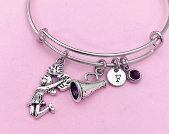 Silver Cheerleading Megaphone Cheer Charm Bracelet Gifts Ideas Personalized Customized Monogram Made to Order Jewelry, N1902