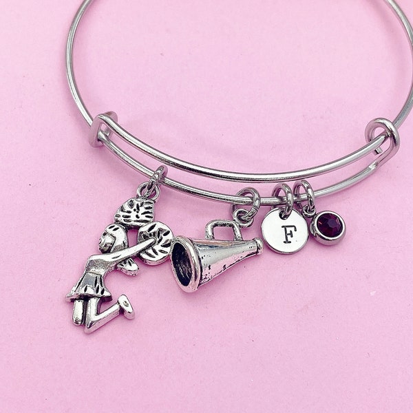 Silver Cheerleading Megaphone Cheer Charm Bracelet Gifts Ideas Personalized Customized Monogram Made to Order Jewelry, N1902