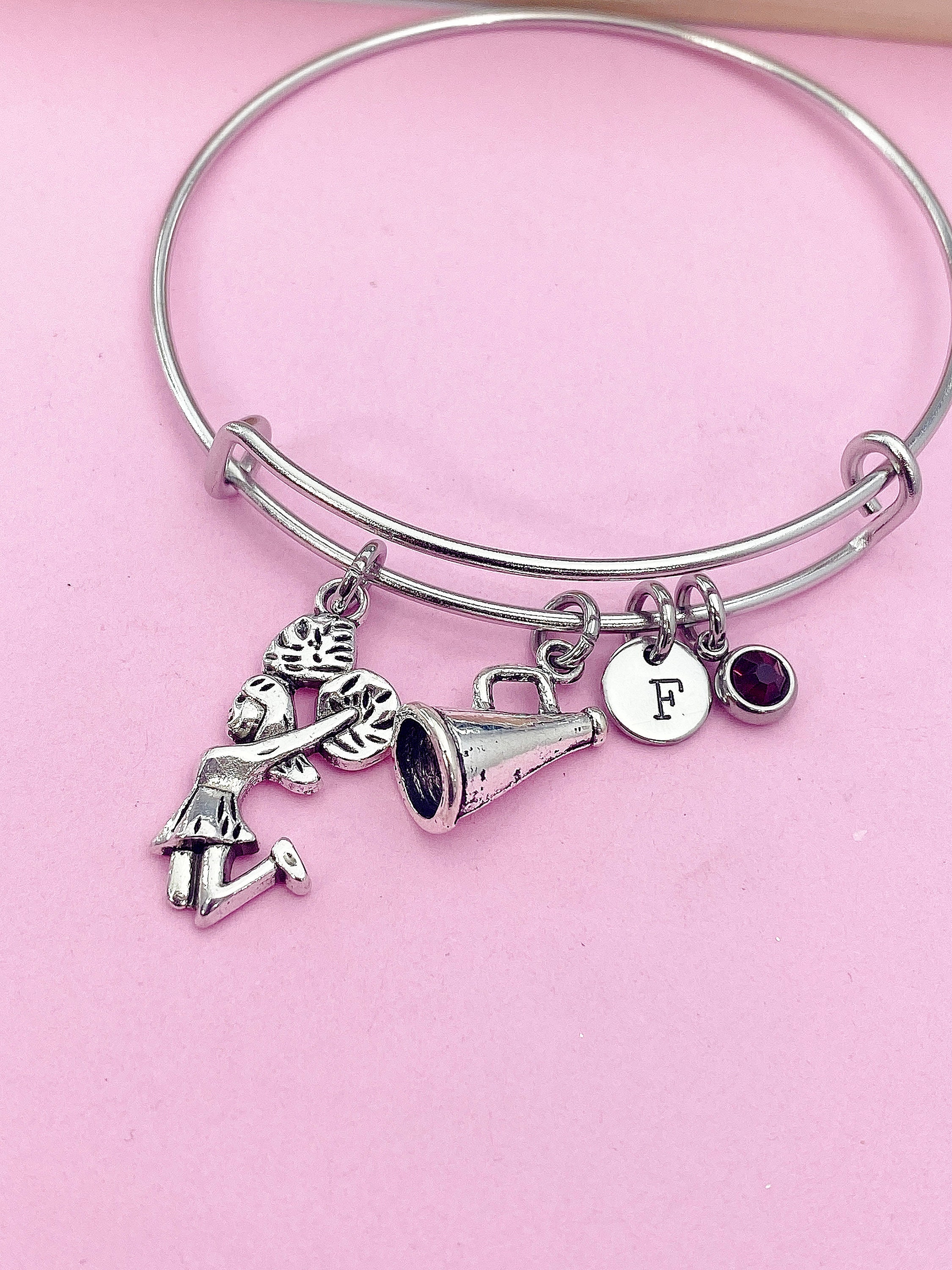 Silver Cheerleading Megaphone Cheer Charm Bracelet Gifts Ideas Personalized Customized Monogram Made to Order Jewelry, N1902