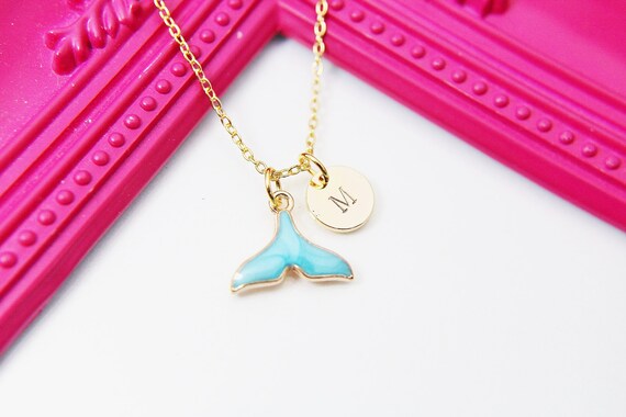 Gold Mermaid Necklace, Blue Mermaid Tail Charm, Fantasy Gift, Little Girl Gift, Personalized Custom Monogram Initial, N2340