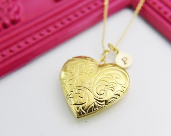 Gold Flower Heart Locket Necklace, Stainless Steel Locket Necklace, Photo Frame, Hypoallergenic, Personalized Initial Gift, N4470