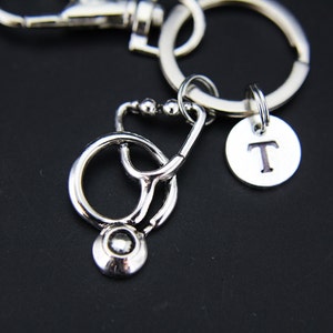 Silver Stethoscope Charm Keychain Silver Stethoscope Charm Personalized Keychain Initial Keychain Charm Monogram Jewelry Customized Jewelry image 3