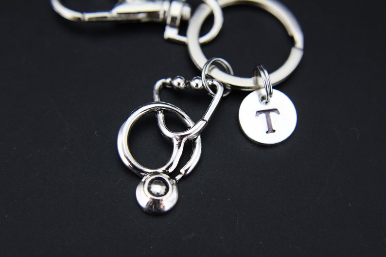 Silver Stethoscope Charm Keychain Silver Stethoscope Charm Personalized Keychain Initial Keychain Charm Monogram Jewelry Customized Jewelry image 3