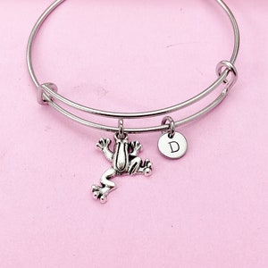 May include: A silver charm bracelet with a frog charm and a charm with the letter D.