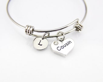 Cousin Bracelet, Cousin Bangle,  Silver Cousin Charm, Cousin Heart Charm, Cousin Gift, Personalized Bangle Initial Charm Initial Bracelet