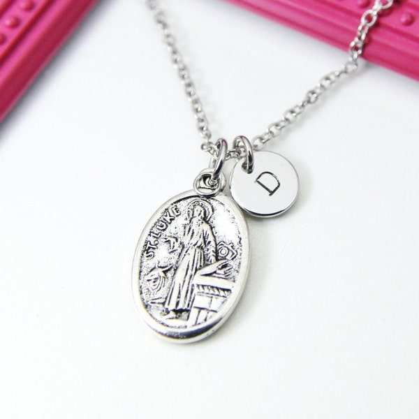 Silver Saint Luke Charm Necklace, Physicians Gift, Surgeons Gift, Personalized Custom Monogram, N2717