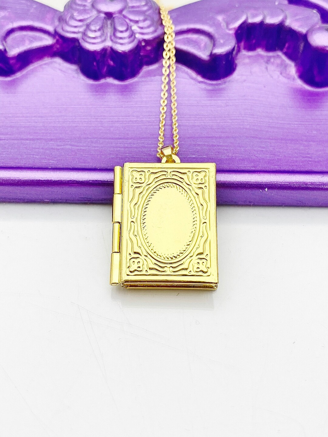 Gold Book Locket Necklace 18K Gold Plated Over Stainless Steel or Brass