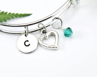 Valentines Day Gift, Heart Bangle, Heart Bracelet, Heart Charm, Personalized Bracelet, Expandable Bangle, Initial Bracelet, Monogram