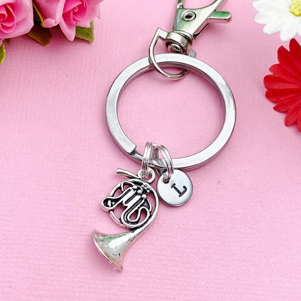 Silver French Horn Charm Keychain, Matching Band Gifts, Personalized Gift, N1296