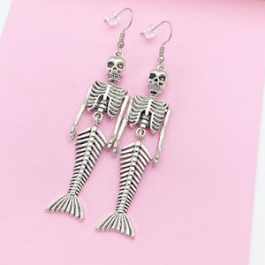 Silver LARGE Mermaid Skull Charm Earrings Halloween Gift Ideas, BN2702