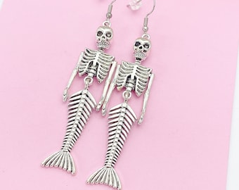 Silver LARGE Mermaid Skull Charm Earrings, Fall Jewelry, Gothic Jewelry, Occult Jewelry, Halloween Jewelry, N2702B