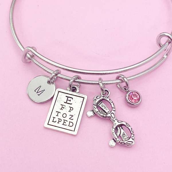 Silver Eye Chart Reading Glasses Charm Bracelet Eye Doctor Optometrist Gift Ideas Personalized Customized Made to Order, N880