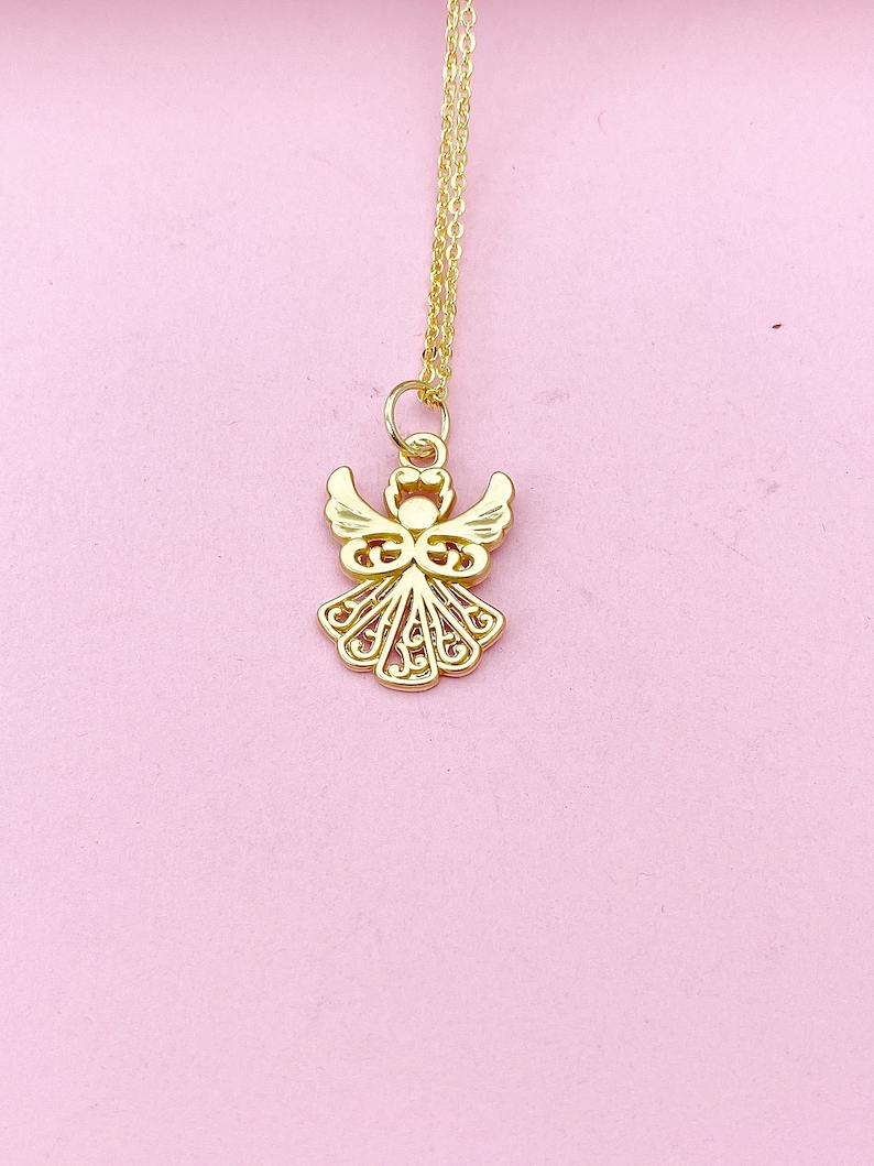 May include: A gold chain necklace with a delicate angel pendant. The angel is intricately designed with a filigree pattern.