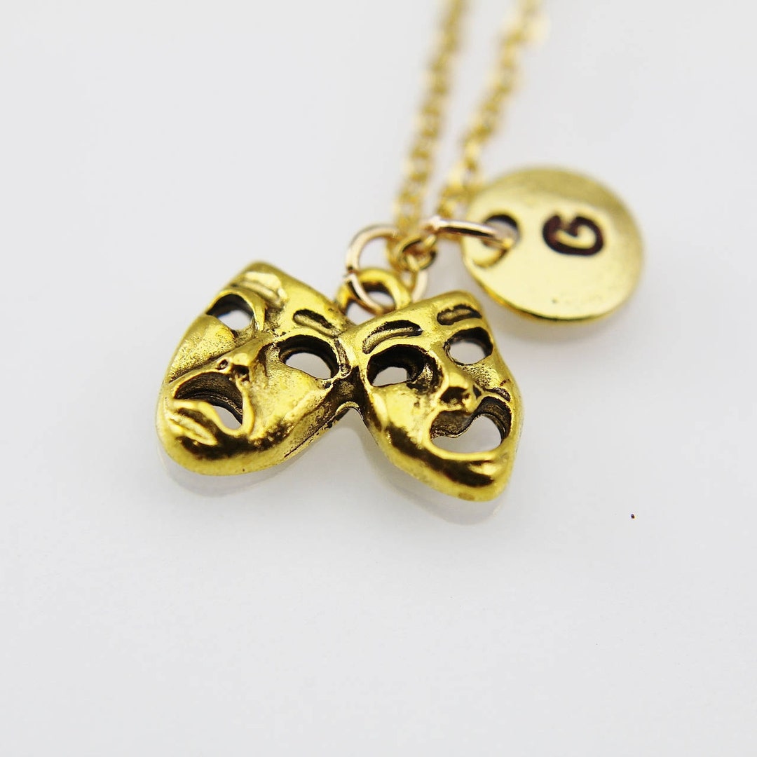 Gold Comedy Necklace Tragedy Masks Charm Necklace Theatrical Etsy