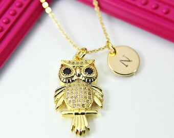 Owl Necklace, Gold Owl Charm, Bird Charm, CZ Diamond Jewelry, Dainty Necklace, Delicate Minimal Necklace, Personalized Gift, G038