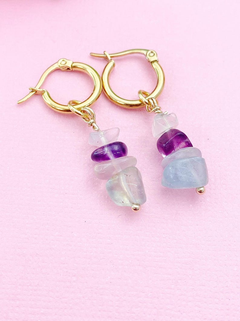 Gold Fluorite Earrings, Natural Gemstone Jewelry, N3975 image 1