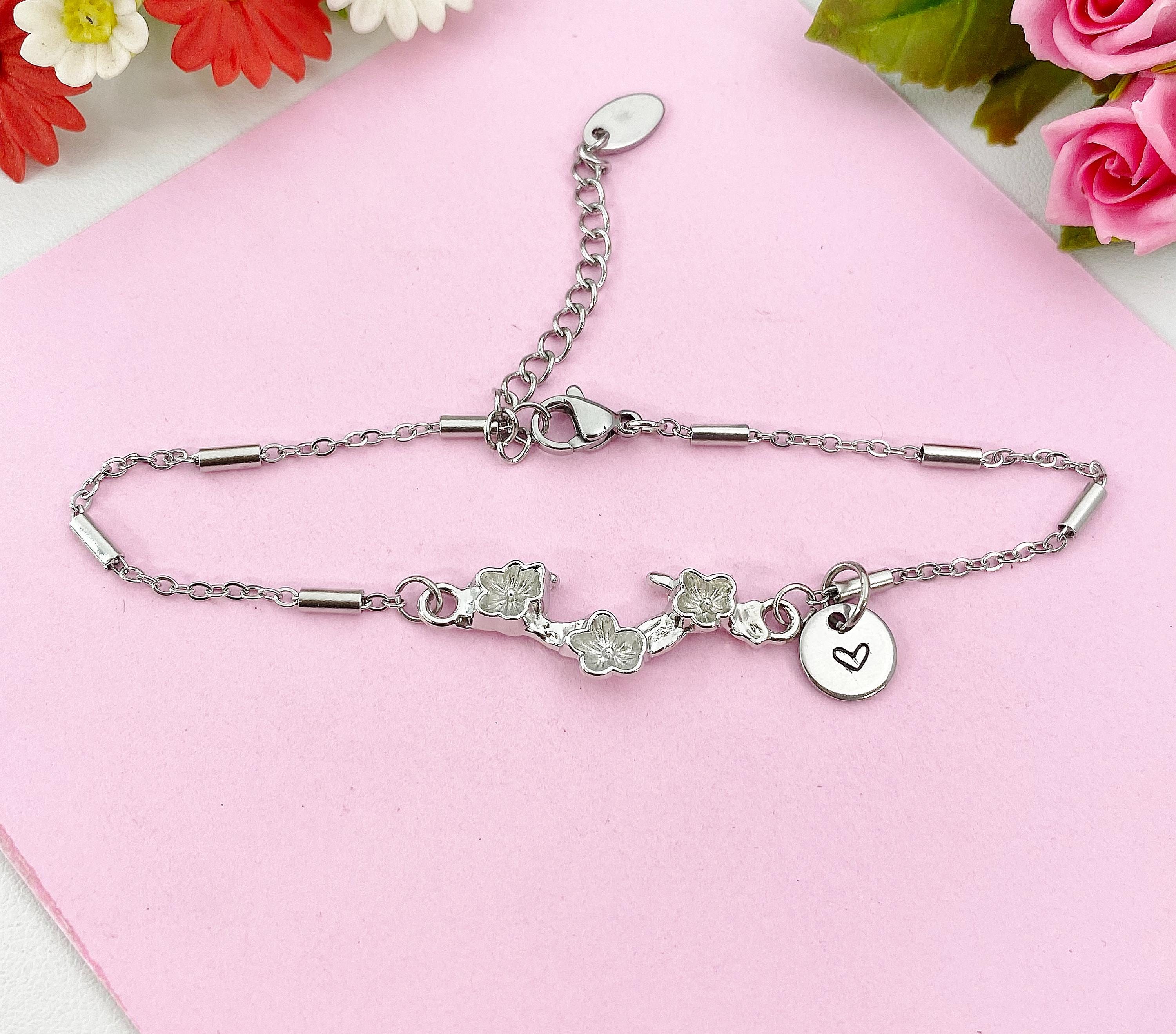 Cherry Blossom Charm Silver Bracelet, Flower Branch, Plum Blossom