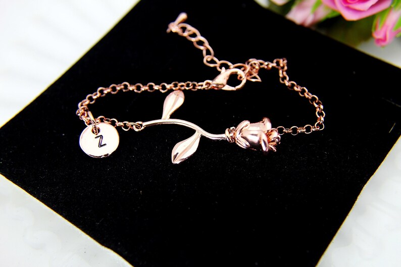 Rose Gold Rose Charm Bracelet, June Birthday Jewelry Gift image 2