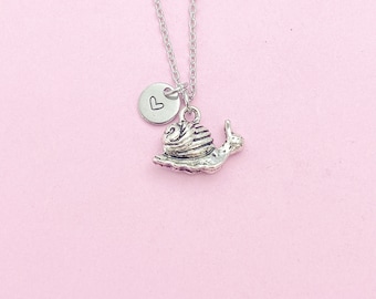 Silver Snail Charm Necklace, Personalized Initial Pendant