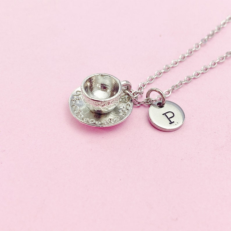 Cup and Saucer Teacup Necklace in Silver, Tea Party Gift, N811 image 2