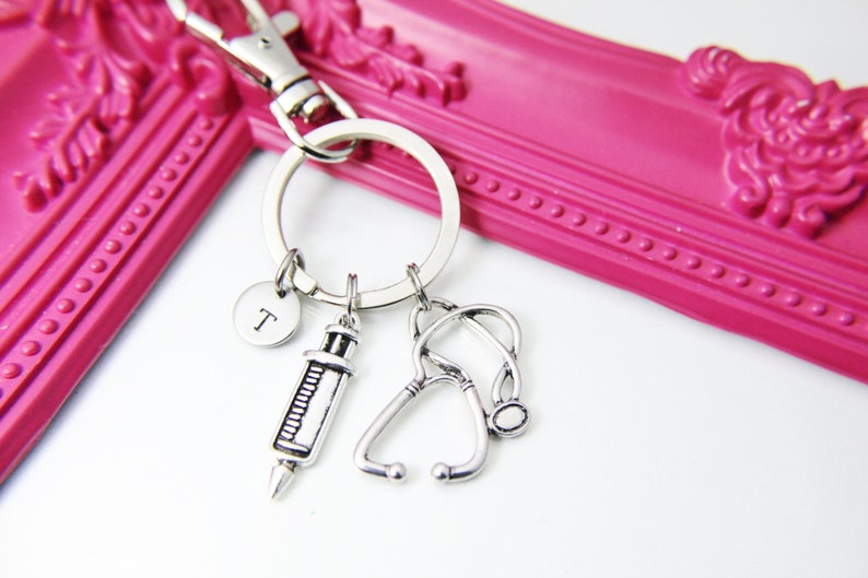 Personalized Gift Silver Syringe Charm Keychain N1593 Stethoscope Charm Keychain Medical School Gift Phlebotomy Phlebotomist Gift