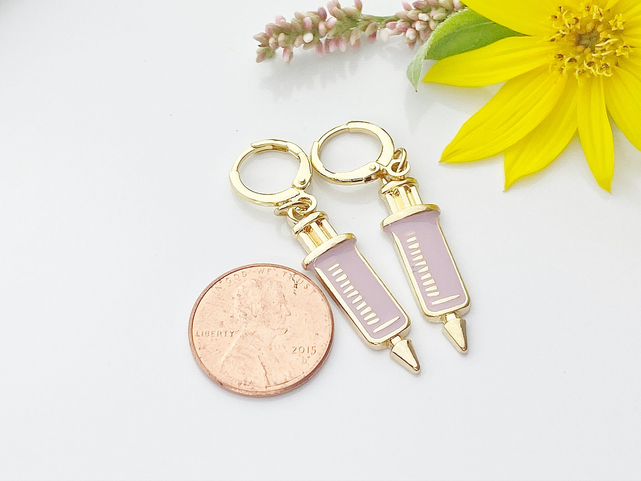 Gold Medical Syringe Charm Earrings Injection Syringe Etsy