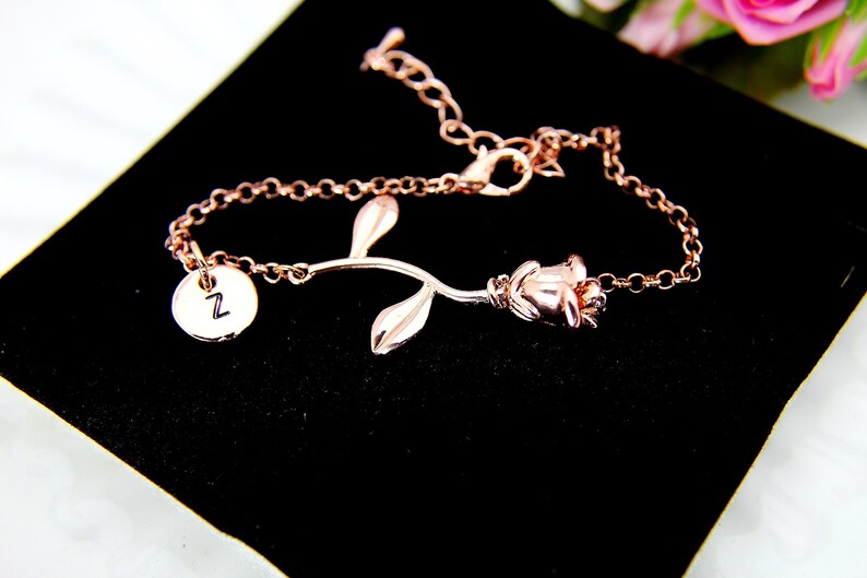 Rose Gold Rose Charm Bracelet, June Birthday Jewelry Gift image 1