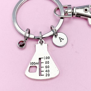 Beaker Charm Keychain, Initial, Birthstone, Science Gift