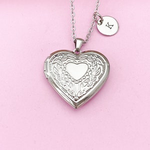 Stainless Steel Heart Locket Necklace, Personalized Initial Charm