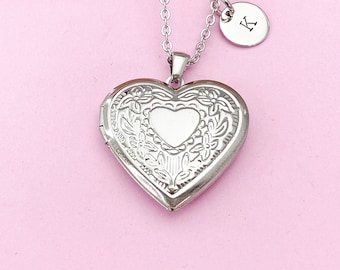 Stainless Steel Heart Flower Locket Pendant Necklace, Tarnish Resistant, Keepsake Photo Frame Charm, Personalized Customized, N1782A