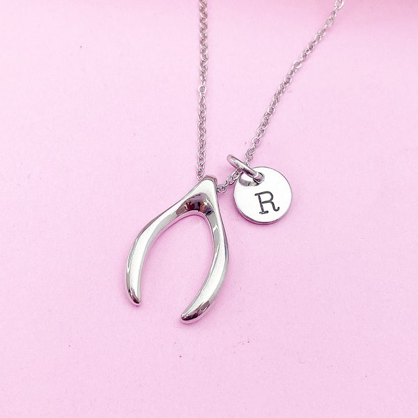 Silver or Gold Wishbone Charm Necklace Luck Gift Ideas Personalized Customized Monogram Made to Order Jewelry, N574