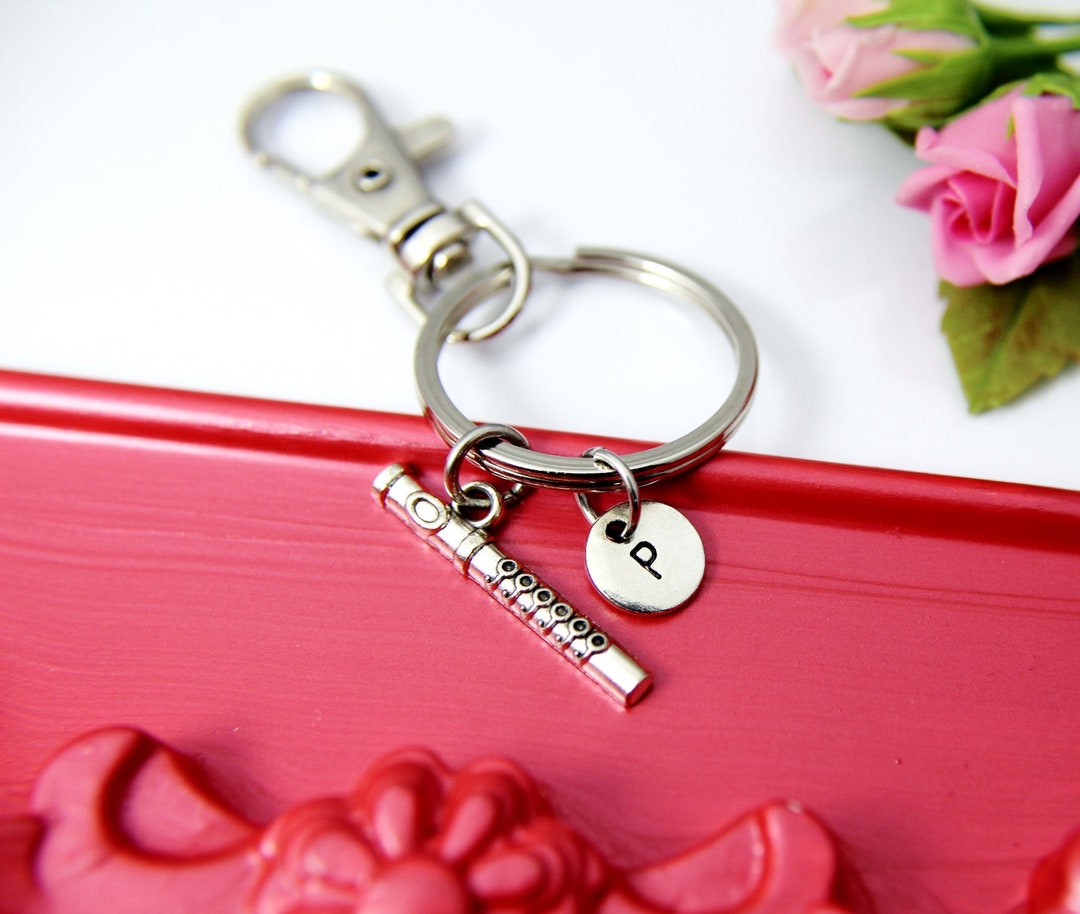 Flute Keychain, Silver Flute Charm, Music Charm, Matching Band Gifts