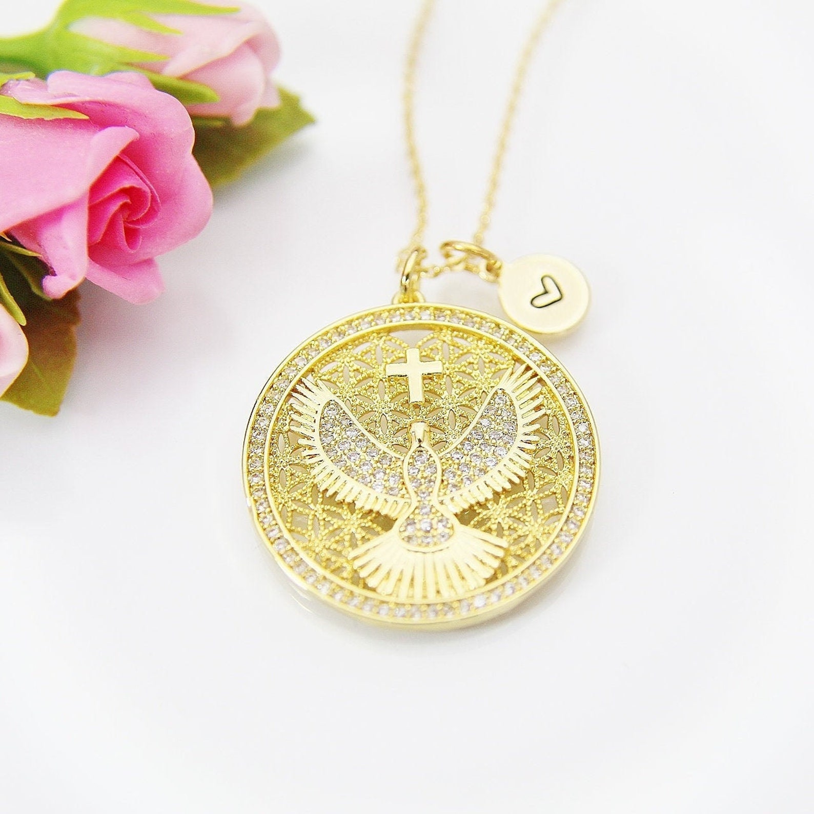 Holy Spirit Dove Cross Confirmation Pendant Necklace - 1.75 Inch Wood Cross With 32 Inch Cord