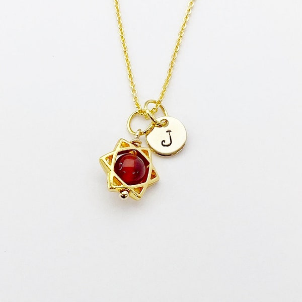 Gold Star of David Red Carnelian Charm Necklace Gifts Ideas Personalized Customized Monogram Made to Order Jewelry, N5455