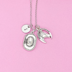 Silver Cowboy Cowgirl Necklace, Horse Luck Horseshoe Cowboy Hat Charm, N3309