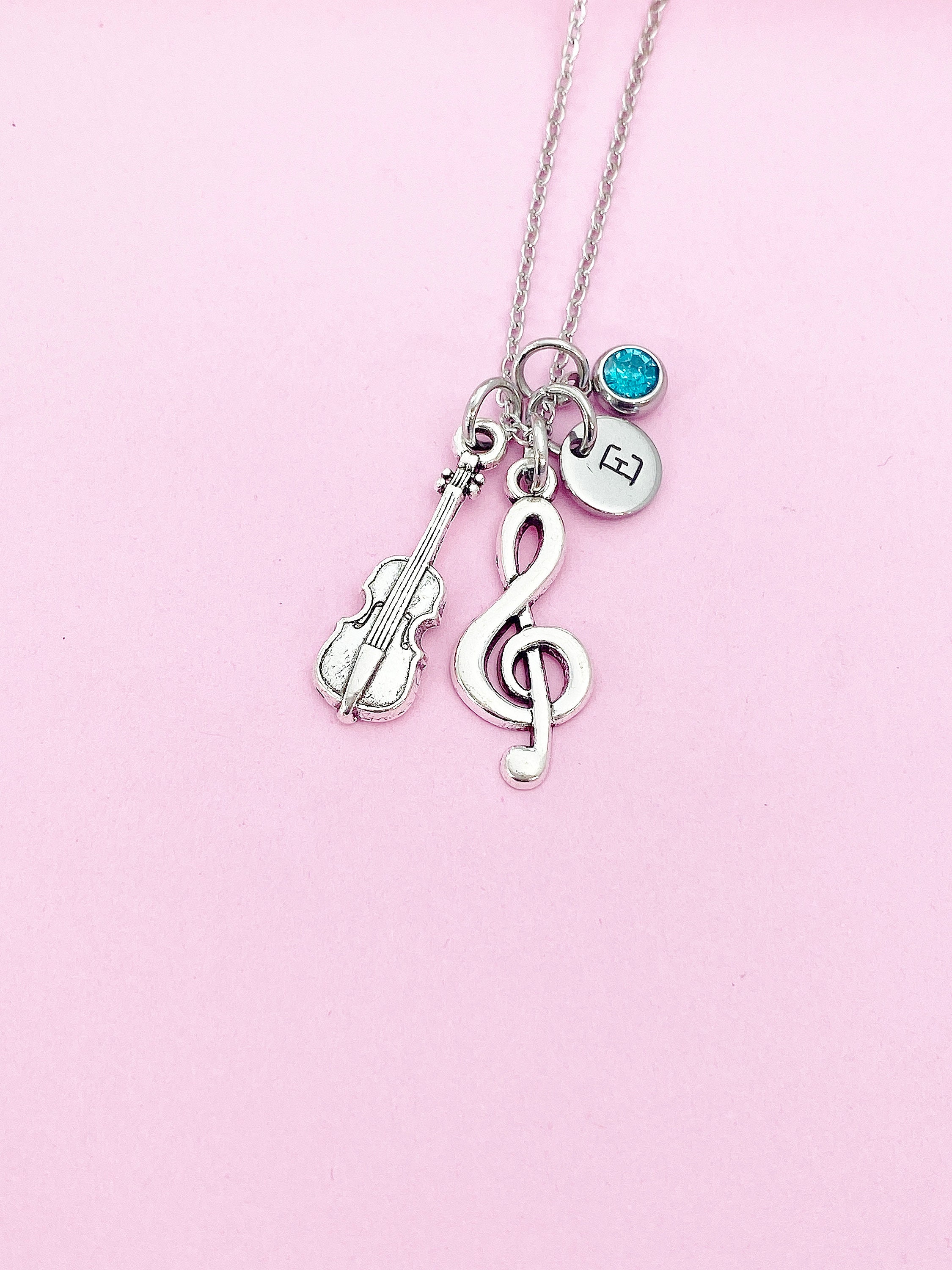 Silver Treble Clef Music Note Violin Viola Charm Necklace
