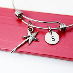 Thai Sterling Silver Plated Magic Wand Charm Bracelet, Stainless Steel Bangle Wand Charm, Personalized Initial Bracelet Gift, N2157