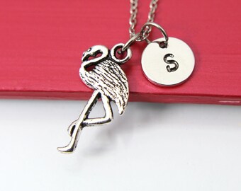 Bird Necklace, Crane Charm, Flamingo Crane Bird Jewelry Gift, Personalized Initial Gift, N4389