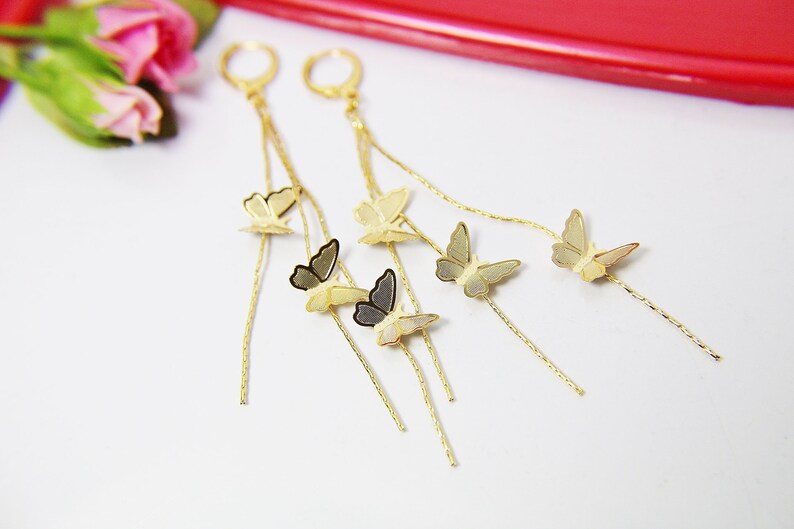 Gold Butterfly Charm Earrings Beautiful Tassel 18K Gold | Etsy