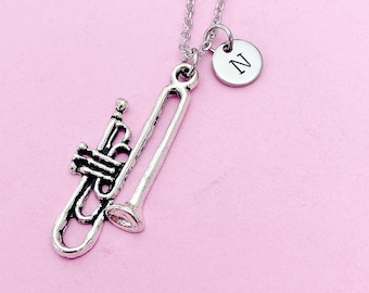 Silver Trombone Charm Necklace Personalize Customize, N1377