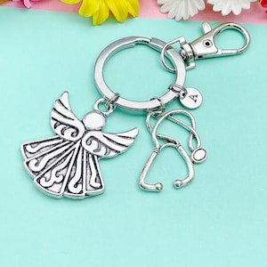 Guardian Angel Stethoscope Keychain, Initial Charm, Doctor Nurse Gift