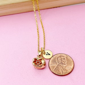 以下が含まれることがあります： 小さな金のザクロのチャームと金のイニシャルチャーム（「V」）が付いた金のチェーンネックレス。ネックレスは、アメリカの1セント硬貨の隣にあるピンクの表面に置かれています。
