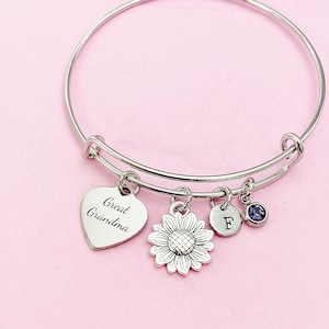 Great Grandma Heart Sunflower Charm Bracelet in Silver, Great Grandmother Gifts, D452